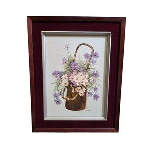 Basket of Flowers Vintage Framed Floral Painting Signed Artwork